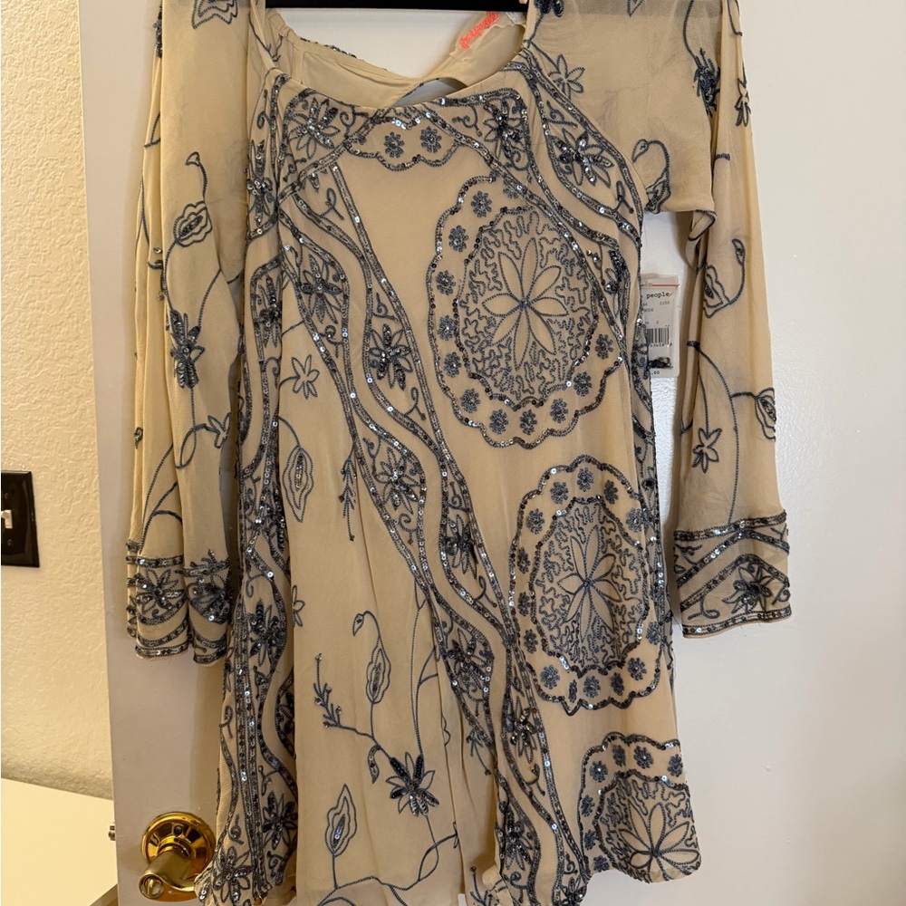 Free People Nude Dress with Navy Beaded Embroidery
